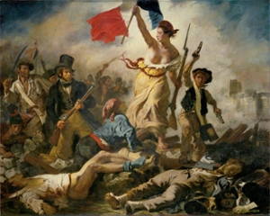 Painting of woman on a battle field with the french flag
